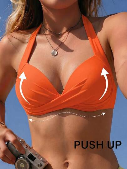 Swim Basics Solid Color Crossed Wrap Halter Bikini Top For Summer Beach Vacation