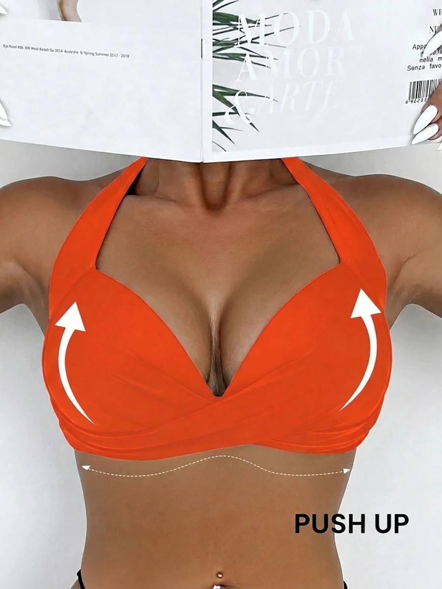 Swim Basics Solid Color Crossed Wrap Halter Bikini Top For Summer Beach Vacation - Orange - View 1