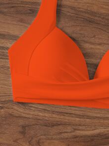 Swim Basics Solid Color Crossed Wrap Halter Bikini Top For Summer Beach Vacation - Orange - View 3