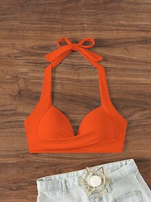 Swim Basics Solid Color Crossed Wrap Halter Bikini Top For Summer Beach Vacation - Orange - View 5
