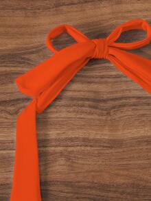 Swim Basics Solid Color Crossed Wrap Halter Bikini Top For Summer Beach Vacation - Orange - View 6