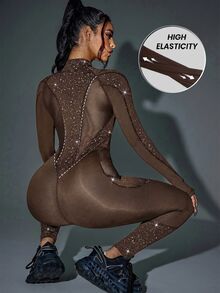 Innovista Innovista 女款網格拼接修身運動連身褲 騎行服 瑜伽、皮拉提斯、HIIT、健身房、訓練與辦公穿搭 壓力防透深蹲 KATSEYE 風格 - 棕色 - 查看 3