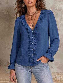 Solivie Women's Fall Ruffle Trim Blouse, Blue Shirt Brunch Casual Boho - Blue - View 7