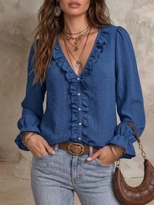 Solivie Women's Fall Ruffle Trim Blouse, Blue Shirt Brunch Casual Boho - Blue - View 6