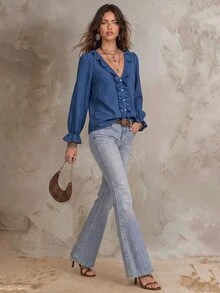 Solivie Women's Fall Ruffle Trim Blouse, Blue Shirt Brunch Casual Boho - Blue - View 8