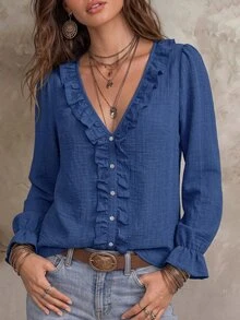 Solivie Women's Fall Ruffle Trim Blouse, Blue Shirt Brunch Casual Boho - Blue - View 4