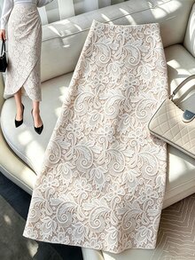 GlowEve CURVE Women's Plus Size New Pleated Side Bubble Pearl Decor Elegant Casual Commute Versatile Skirt, Faux Lace Print - Multicolor - View 2