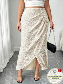 GlowEve CURVE Women's Plus Size New Pleated Side Bubble Pearl Decor Elegant Casual Commute Versatile Skirt, Faux Lace Print - Multicolor - View 3