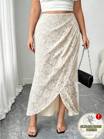 GlowEve CURVE Falda versátil elegante y casual para mujer talla grande, nueva, con pliegues laterales, decoración de perlas tipo burbuja, estampado de encaje falso, para uso diario y oficina