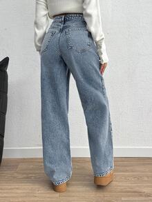SHEIN Plus High Waist Casual Style Medium Blue Snow Wash Regular Fit Button Front Straight Jean - Medium Wash - View 2