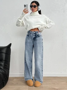 SHEIN Plus High Waist Casual Style Medium Blue Snow Wash Regular Fit Button Front Straight Jean - Medium Wash - View 3