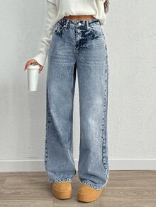 SHEIN Plus High Waist Casual Style Medium Blue Snow Wash Regular Fit Button Front Straight Jean - Medium Wash - View 6