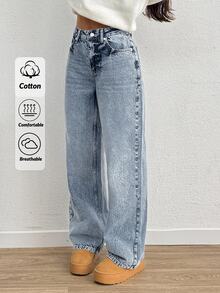 SHEIN Plus High Waist Casual Style Medium Blue Snow Wash Regular Fit Button Front Straight Jean - Medium Wash - View 1