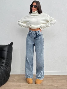 SHEIN Plus High Waist Casual Style Medium Blue Snow Wash Regular Fit Button Front Straight Jean - Medium Wash - View 7