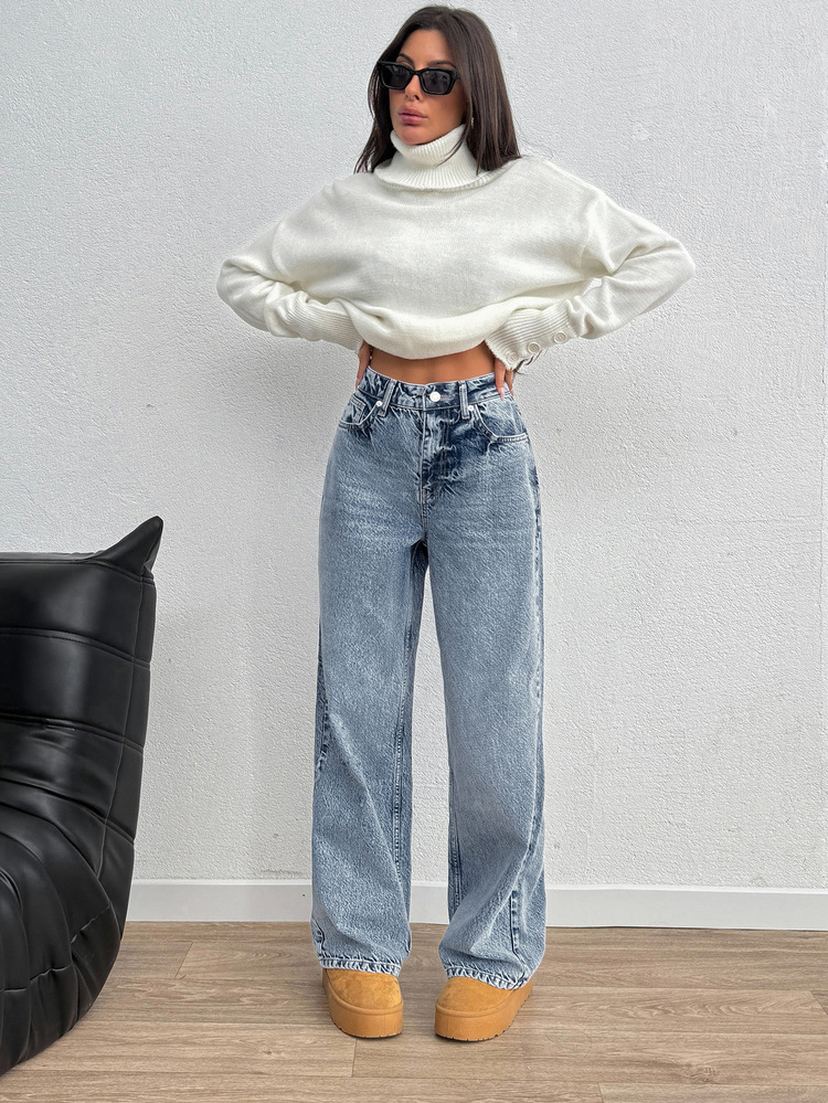 SHEIN Plus High Waist Casual Style Medium Blue Snow Wash Regular Fit Button Front Straight Jean - Medium Wash - View 7