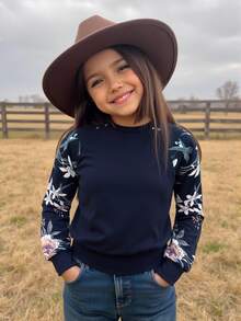 SHEIN Emery Rose Kids سترة صوف بأكمام راجلان وطبعات زهرية لفتاة في المرحلة الانتقالية - أزرق بحري - مشاهدة 1