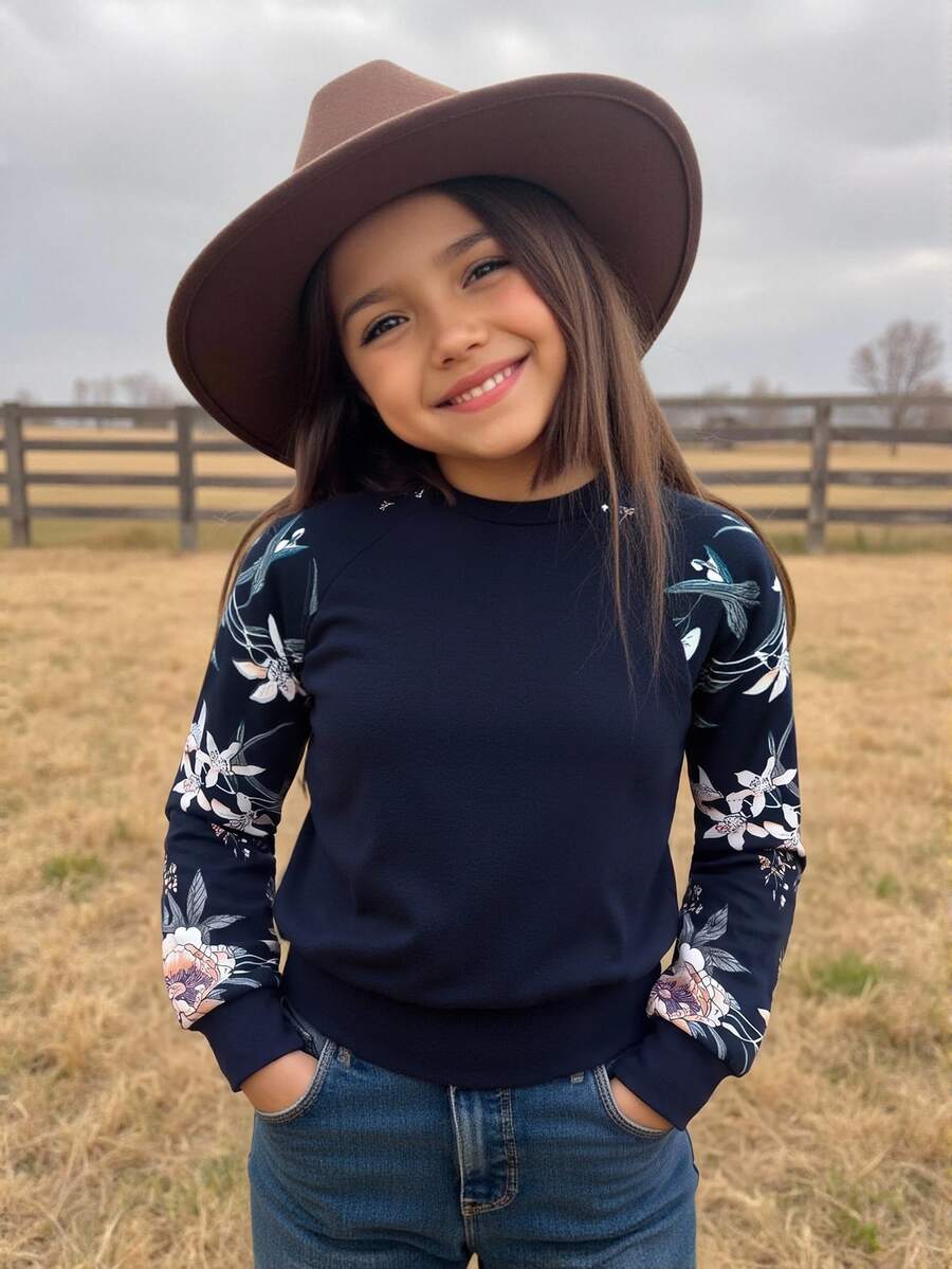 SHEIN Emery Rose Kids سترة صوف بأكمام راجلان وطبعات زهرية لفتاة في المرحلة الانتقالية - أزرق بحري - مشاهدة 1