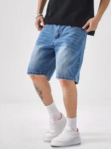 Manfinity Hypemode Plus Size Men's Summer Casual Washed Denim Shorts Jeans For Men Short Street Hang Out Tropical College - Medium Wash - View 5