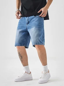 Manfinity Hypemode Plus Size Men's Summer Casual Washed Denim Shorts Jeans For Men Short Street Hang Out Tropical College - Medium Wash - View 3