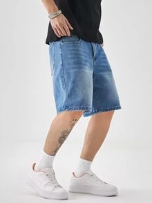 Manfinity Hypemode Plus Size Men's Summer Casual Washed Denim Shorts Jeans For Men Short Street Hang Out Tropical College - Medium Wash - View 4
