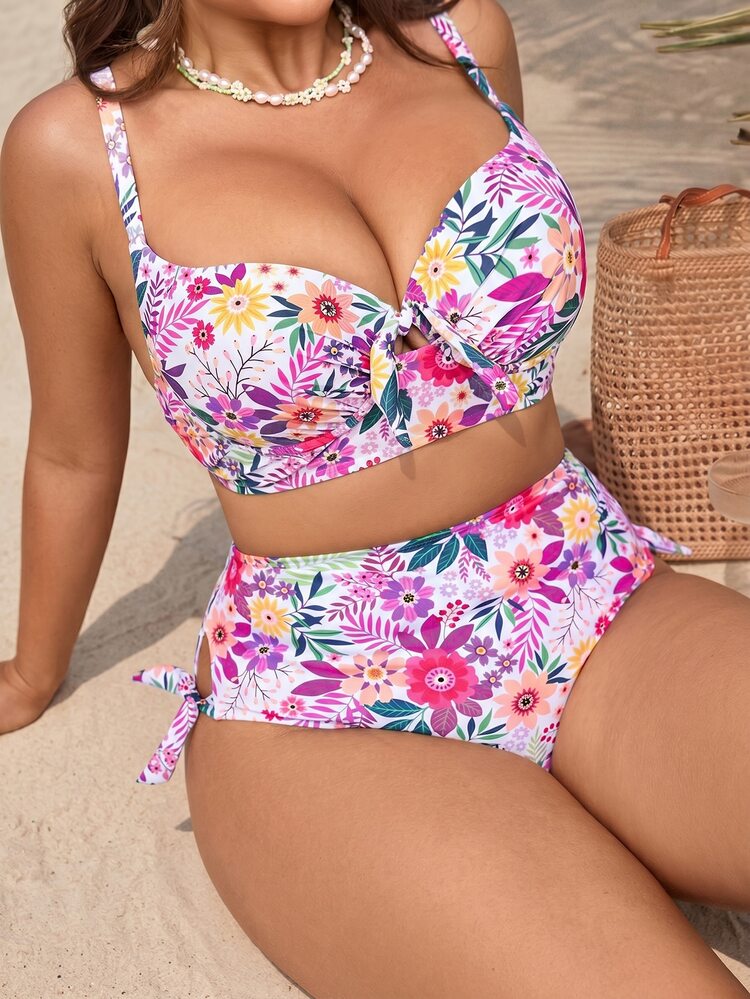 SHEIN Swim Curve Vestido de playa con estampado floral para mujer de talla grande, estilizador y con soporte para vacaciones - Multicolor - Añade 1