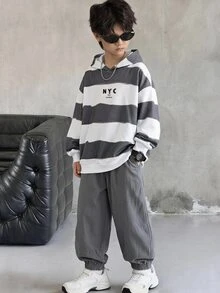 SHEIN Little Byeori 兒童青少年男孩休閒條紋連帽衛衣口袋運動褲兩件套，適合休閒、運動、外出與上學，秋冬穿搭 - 灰色 - 查看 7