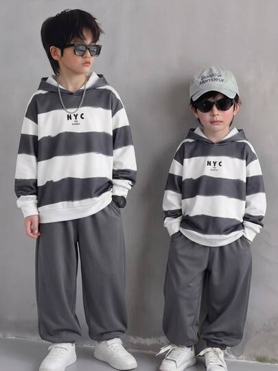 Kids Tween Boy Casual Striped Hoodie Sweatshirt With Pockets And Sweatpants 2-Piece Set, Versatile For Casual, Sports, Outings And School In Autumn/Winter