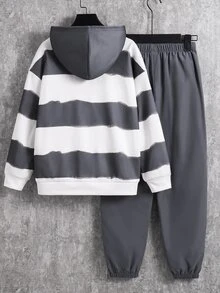 SHEIN Little Byeori 兒童青少年男孩休閒條紋連帽衛衣口袋運動褲兩件套，適合休閒、運動、外出與上學，秋冬穿搭 - 灰色 - 查看 5