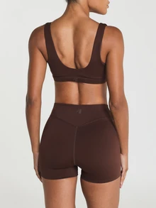 11SKNDS V-Neck Sports Bra With Wide Straps And Elastic Underband, Low-Impact Bralette Style Top With Removable Cups With Sweat-Wicking, Stretchy, Breathable & Buttery-Soft, For Gym Workout Fitness Yoga Pilates Studio, Running, Training & Hy-Rox - Chocolate Brown - View 3