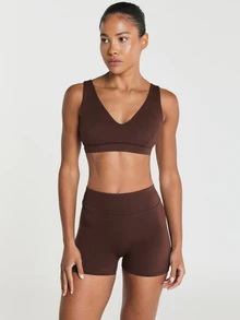 11SKNDS V-Neck Sports Bra With Wide Straps And Elastic Underband, Low-Impact Bralette Style Top With Removable Cups With Sweat-Wicking, Stretchy, Breathable & Buttery-Soft, For Gym Workout Fitness Yoga Pilates Studio, Running, Training & Hy-Rox - Chocolate Brown - View 6
