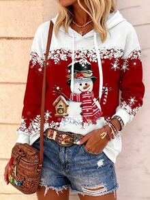 SHEIN LUNE Women's Casual Snowman Print Drawstring Sweatshirt, Suitable For Christmas, Autumn/Winter - Red - View 4