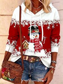 SHEIN LUNE Women's Casual Snowman Print Drawstring Sweatshirt, Suitable For Christmas, Autumn/Winter - Red - View 2