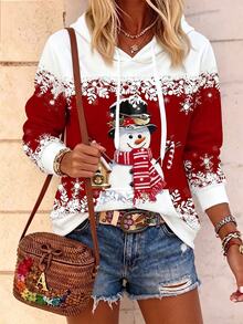 SHEIN LUNE Women's Casual Snowman Print Drawstring Sweatshirt, Suitable For Christmas, Autumn/Winter - Red - View 5