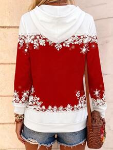 SHEIN LUNE Women's Casual Snowman Print Drawstring Sweatshirt, Suitable For Christmas, Autumn/Winter - Red - View 3