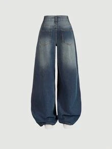SHEIN ICON 女款時尚百搭鈕扣口袋寬鬆牛仔褲 - 藍色 - 查看 2