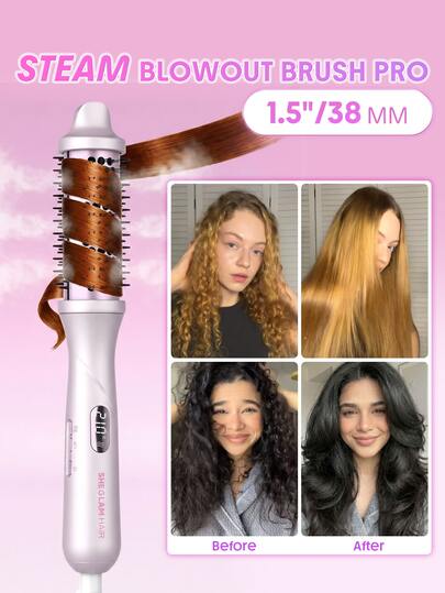 SHEGLAM HAIR Hydra Shot Steam Blowout Brush Pro 1.5"/38mm,Steam Thermal Brush,Hot Air Styler,Scald-Proof Nano-Steam,9 Temps & 3 Steam Levels,Fast Heating & Less Damage,Anti-Frizz & Long-Last,Universal Voltage For All Hair Types