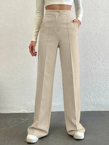 SHEIN Tall بنطلون نسائي طويل الحجم بجيوب، بنطلون بدلة عمل - بيج - مشاهدة 3