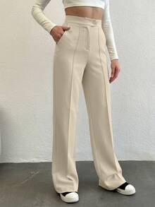 SHEIN Tall بنطلون نسائي طويل الحجم بجيوب، بنطلون بدلة عمل - بيج - مشاهدة 5