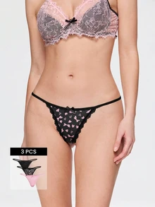 Bonmuse 3pcs Printed/Solid Color Comfortable Lace Trim Women's Thong Panties - Multicolor - View 1