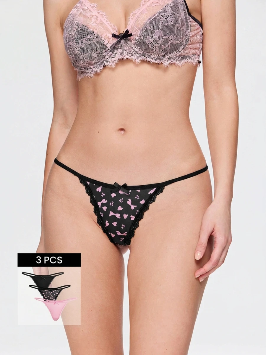 Bonmuse 3pcs Printed/Solid Color Comfortable Lace Trim Women's Thong Panties - Multicolor - View 1