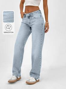 SHEIN Petite High Waist Casual Style Light Blue Snow Wash Regular Fit Button Front Straight Jean - Light Wash - View 1