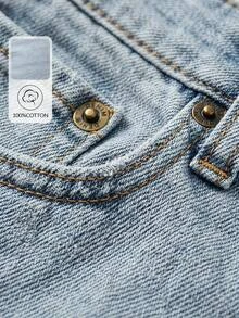 SHEIN Petite High Waist Casual Style Light Blue Snow Wash Regular Fit Button Front Straight Jean - Light Wash - View 5