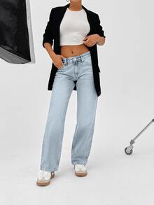 SHEIN Petite High Waist Casual Style Light Blue Snow Wash Regular Fit Button Front Straight Jean - Light Wash - View 8
