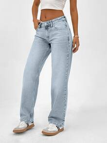 SHEIN Petite High Waist Casual Style Light Blue Snow Wash Regular Fit Button Front Straight Jean - Light Wash - View 6
