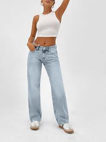 SHEIN Petite High Waist Casual Style Light Blue Snow Wash Regular Fit Button Front Straight Jean - Light Wash - View 3