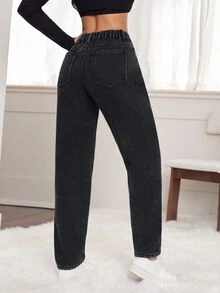 SHEIN CURVE+ 大尺碼女款高腰直筒休閒工裝牛仔褲，口袋設計，秋冬 Y2K 可愛萬聖節毛絨抓絨，Fit+ Curve+ 度假沙灘風 - 黑色 - 查看 4