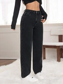 SHEIN CURVE+ 大尺碼女款高腰直筒休閒工裝牛仔褲，口袋設計，秋冬 Y2K 可愛萬聖節毛絨抓絨，Fit+ Curve+ 度假沙灘風 - 黑色 - 查看 3