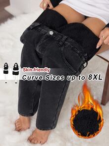 SHEIN CURVE+ 大尺碼女款高腰直筒休閒工裝牛仔褲，口袋設計，秋冬 Y2K 可愛萬聖節毛絨抓絨，Fit+ Curve+ 度假沙灘風 - 黑色 - 查看 7