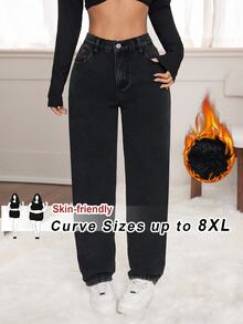 SHEIN CURVE+ 大尺碼女款高腰直筒休閒工裝牛仔褲，口袋設計，秋冬 Y2K 可愛萬聖節毛絨抓絨，Fit+ Curve+ 度假沙灘風 - 黑色 - 查看 2