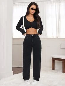 SHEIN CURVE+ 大尺碼女款高腰直筒休閒工裝牛仔褲，口袋設計，秋冬 Y2K 可愛萬聖節毛絨抓絨，Fit+ Curve+ 度假沙灘風 - 黑色 - 查看 5